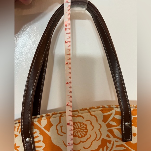 Tote Bag Orange Cream medium sized floral and swirled leaves brown handles - Picture 5 of 10